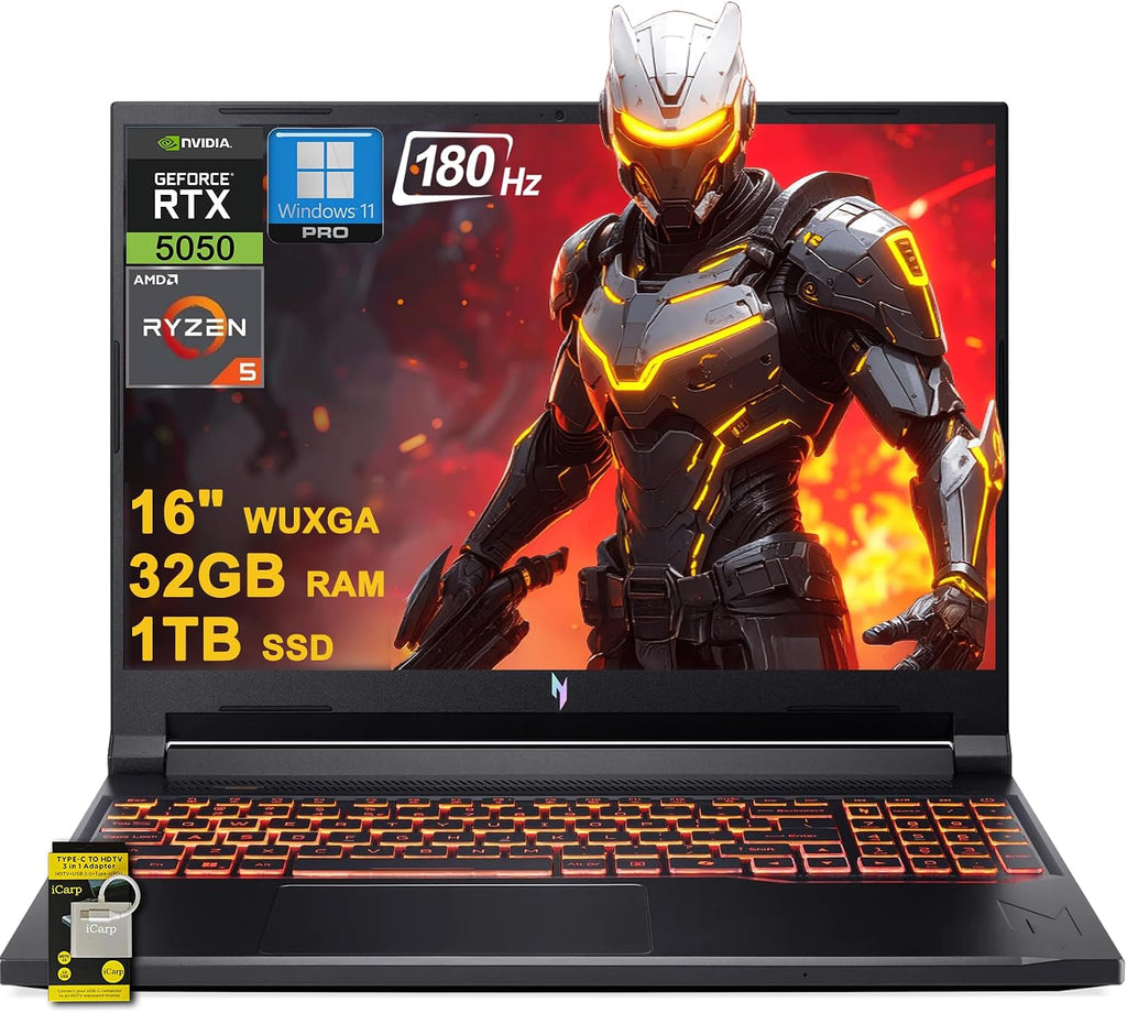 acer Nitro V 16 AI Gaming Laptop 16' WUXGA IPS 180Hz AMD Zen 4 6-core Ryzen 5 240 32GB DDR5 1TB SSD GeForce RTX 5050 (Up to 421 AI Tops) Backlit Win11Pro ICP Hub