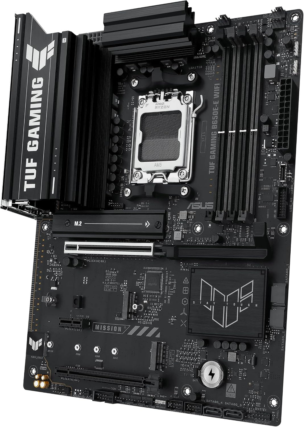 ASUS TUF GAMING B650E-E WIFI AMD AM5 B650 ATX motherboard, 8+2+1 80A DrMOS stage, DDR5, PCIe 5.0 Ready, 3x M.2, Wi-Fi 6E, 2.5 Gb LAN, DisplayPort, HDMI™, USB 20Gbps Type-C®, BIOS FlashBack™, Aura Sync