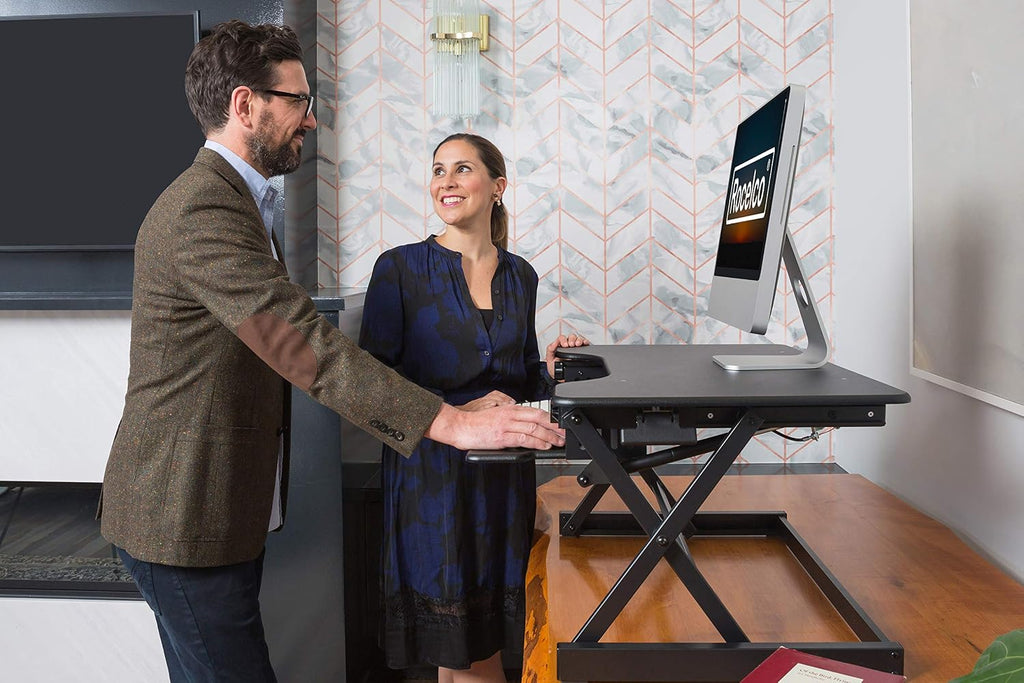 Rocelco 40' Large Height Adjustable Standing Desk Converter - Quick Sit Stand Up Dual Monitor Riser - Gas Spring Assist Computer Workstation - Retractable Keyboard Tray - Black (R DADRB-40)