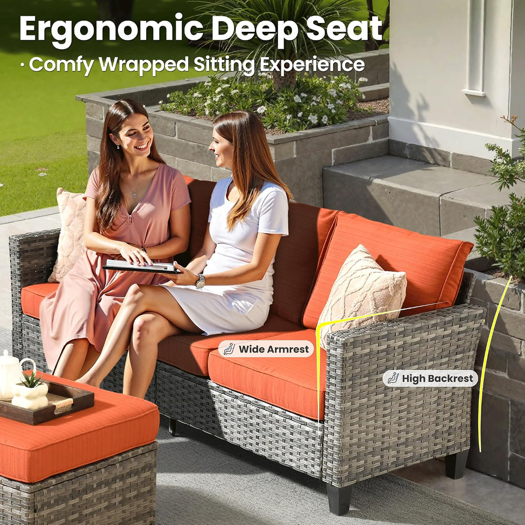 ovios Patio Sofa 3 Pieces Patio Furniture Set Outdoor Wicker Sofa Couch with Ottomans Thick Cushions, All Weather Rattan Conversation Set for Porch Backyard Deck, Orange Red