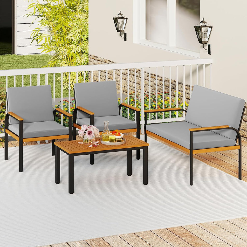 Tangkula 4 Pieces Patio Furniture Set, Outdoor Conversation Set with Acacia Wood Coffee Table, Cushioned Loveseat & 2 Single Armrest Chairs, for Porch, Garden, Backyard, Poolside