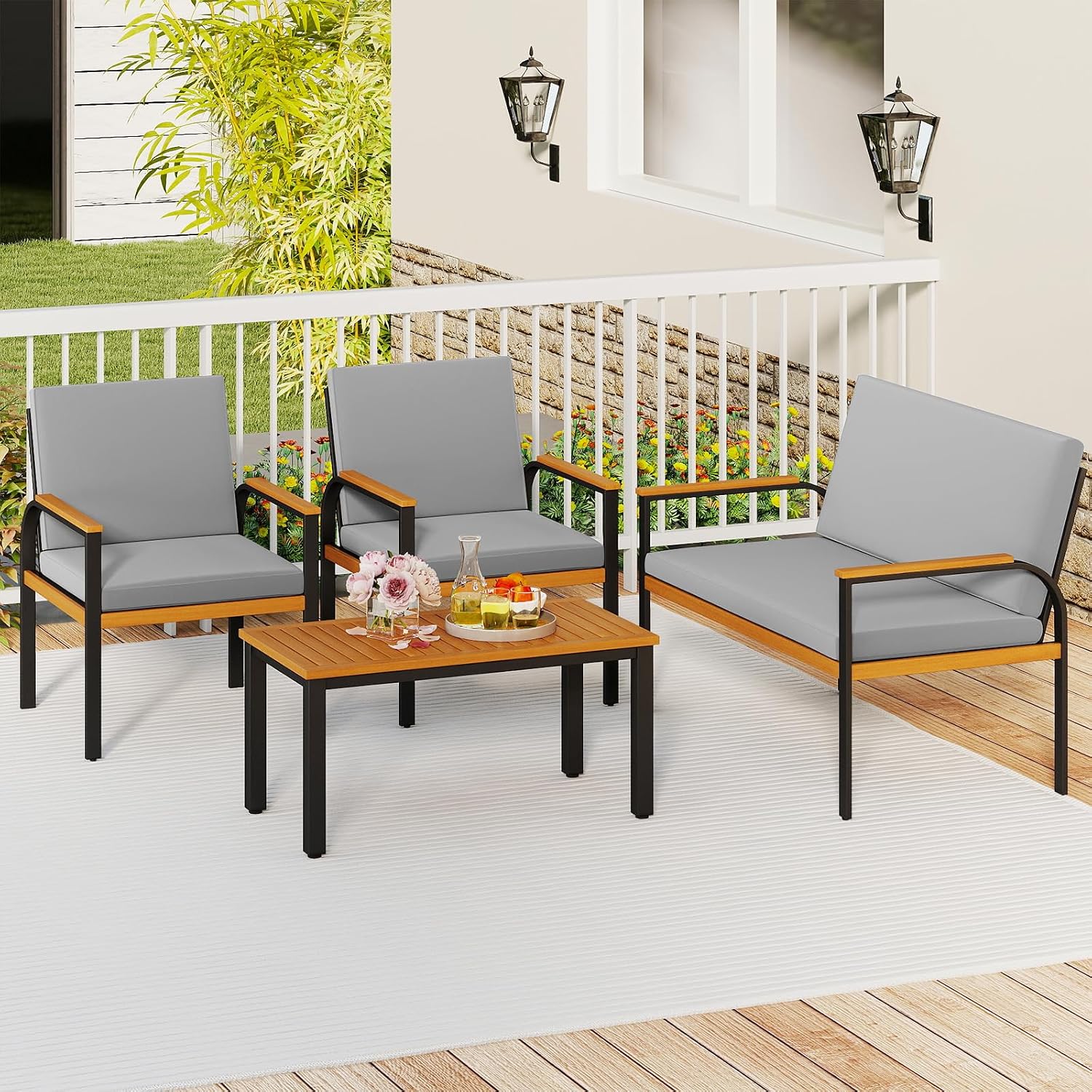 Tangkula 4 Pieces Patio Furniture Set, Outdoor Conversation Set with Acacia Wood Coffee Table, Cushioned Loveseat & 2 Single Armrest Chairs, for Porch, Garden, Backyard, Poolside