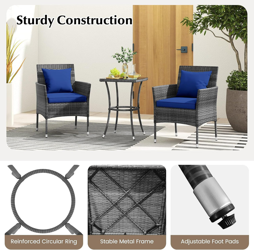 RELAX4LIFE 3-Piece Patio Furniture Set - Rattan Wicker Outdoor Furniture w/Cushions & Tempered Glass Coffee Table, Small Conversation Bistro Table and Chairs Set of 2 for Garden Porch Balcony (Navy)