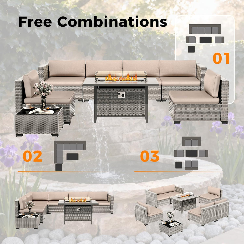 6-Seat Modern Outdoor Wicker Rattan Patio Furniture Set with 55,000 BTU Fire Pit Table, Thick 4″ Cushions, All-Weather Dual-Strand Rattan, Rust-Resistant Steel Frame,Beige