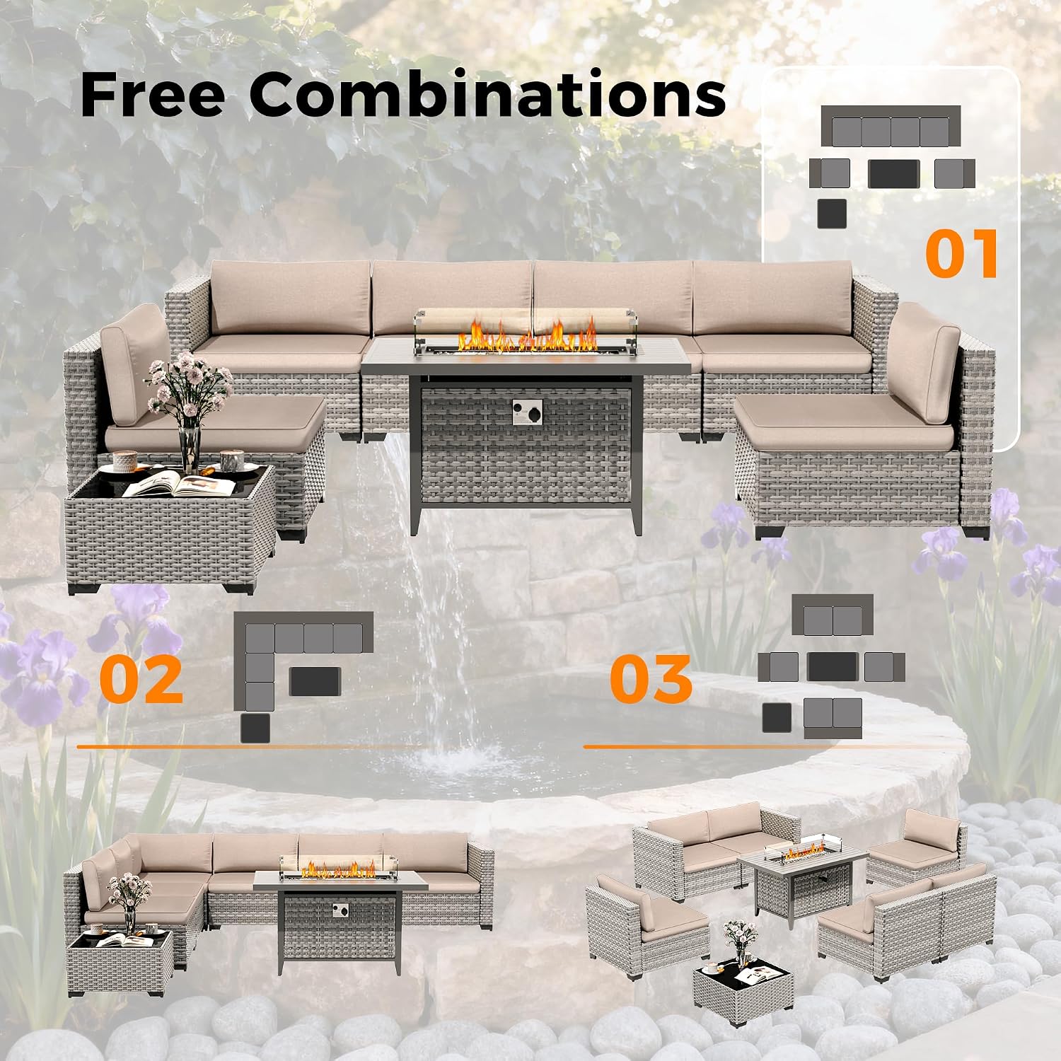 6-Seat Modern Outdoor Wicker Rattan Patio Furniture Set with 55,000 BTU Fire Pit Table, Thick 4″ Cushions, All-Weather Dual-Strand Rattan, Rust-Resistant Steel Frame,Beige