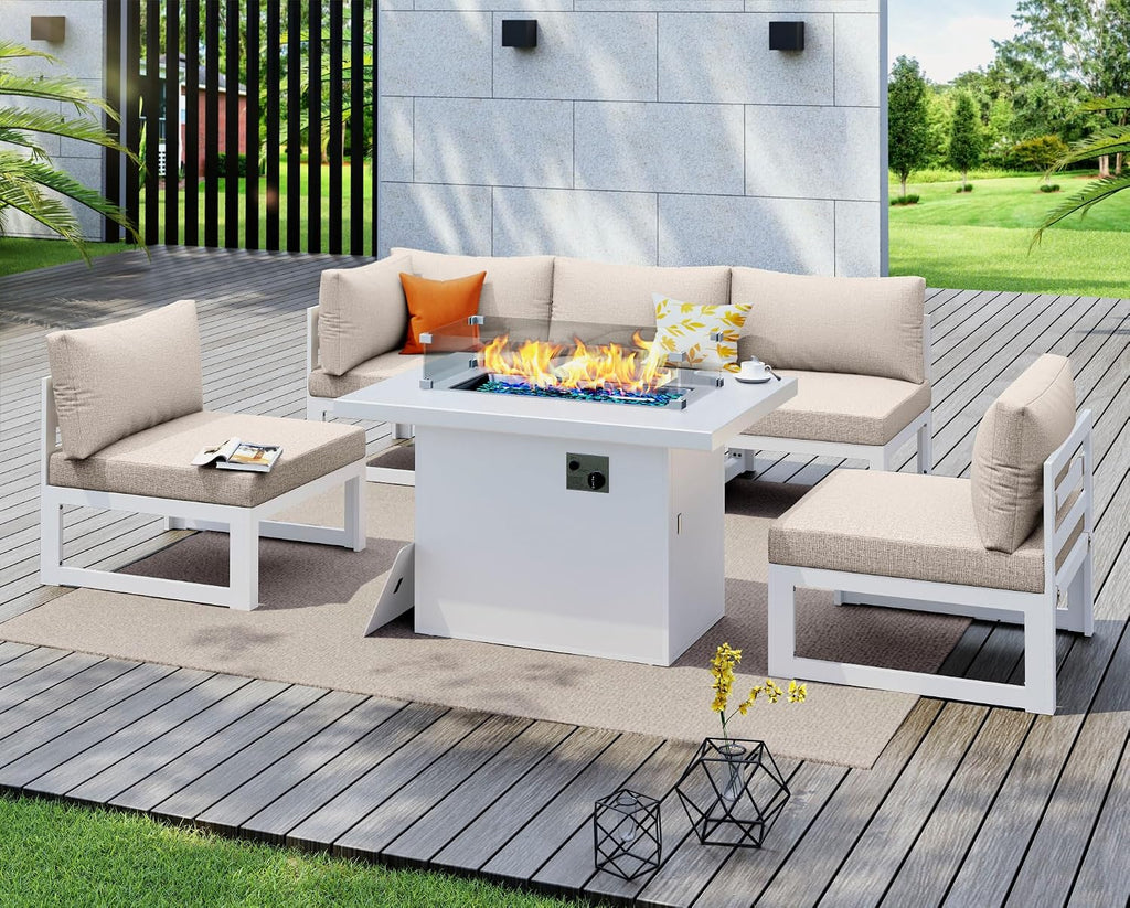 NICESOUL® 6 Piece Modern Extra-Large Aluminum Patio Furniture Set with Fire Pit Table Propane/Natural Gas, 29'' Deep Wide Seated Outdoor Conversation Sofas, 500lbs Heavy Duty L Shaped Sectional, Beige