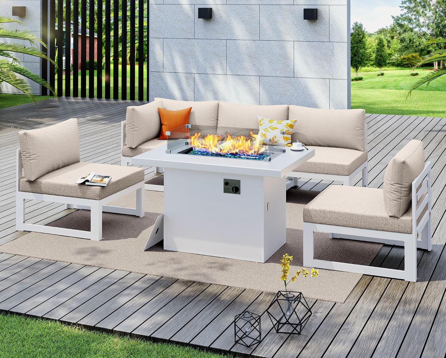NICESOUL® 6 Piece Modern Extra-Large Aluminum Patio Furniture Set with Fire Pit Table Propane/Natural Gas, 29'' Deep Wide Seated Outdoor Conversation Sofas, 500lbs Heavy Duty L Shaped Sectional, Beige
