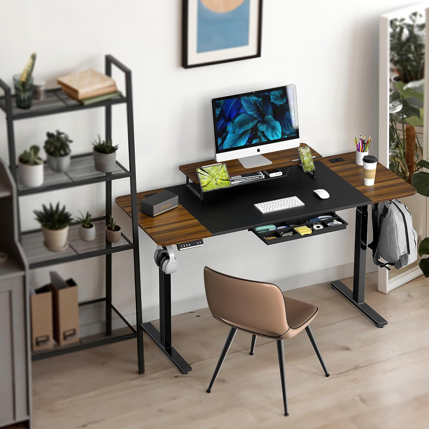 SHW 62-Inch Electric Height Adjustable Standing Desk with Monitor Riser and Drawer, Walnut