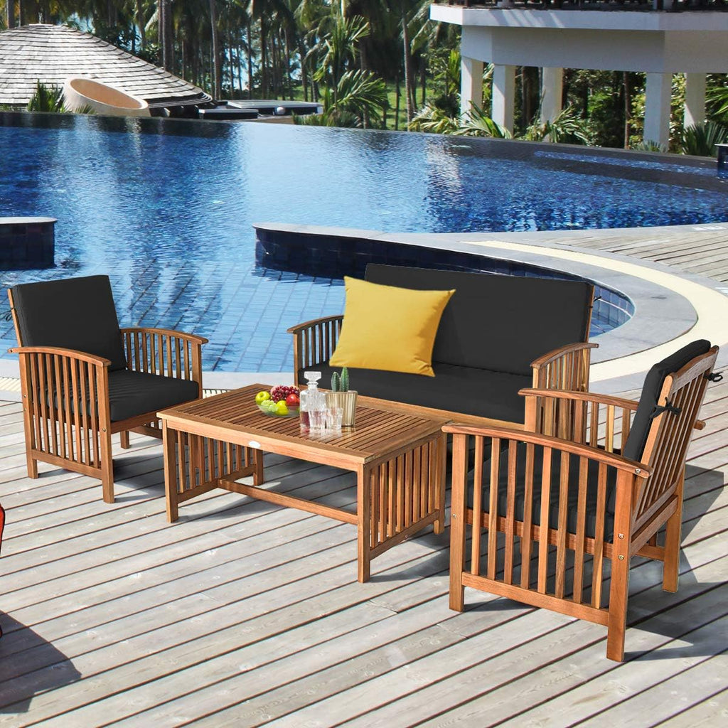 Tangkula 8 PCS Outdoor Acacia Wood Sofa Set with Water Resistant Cushions, Padded Patio Seating Chat Set w/Coffee Table for Garden, Backyard, Poolside (2, Black)