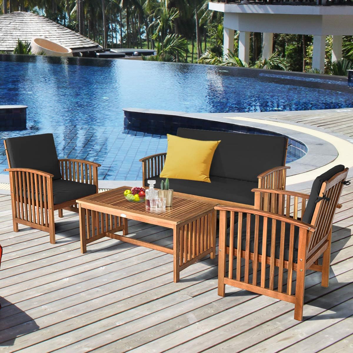 Tangkula 8 PCS Outdoor Acacia Wood Sofa Set with Water Resistant Cushions, Padded Patio Seating Chat Set w/Coffee Table for Garden, Backyard, Poolside (2, Black)
