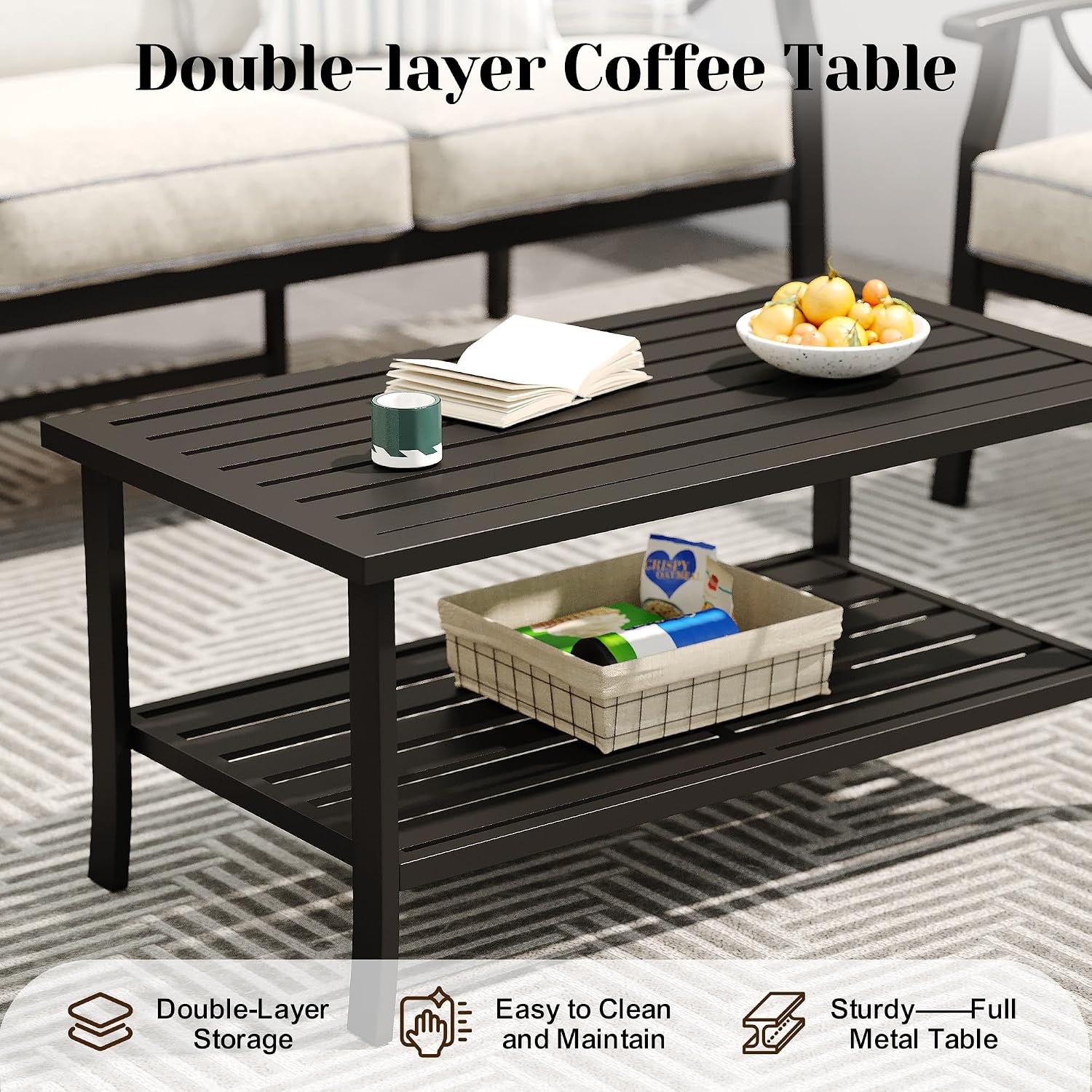 FansaFurn 3 Seats Outdoor Patio Furniture Set, Outdoor Metal Sectional Furniture with Cushions, Outdoor Conversation Set with Coffee Table for Backyard, Garden, Deck, Balcony, Black