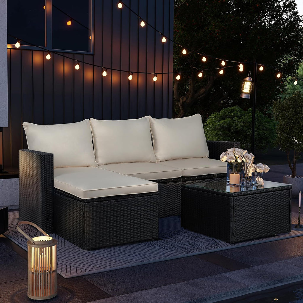 SUNLEI Patio Furniture Set with Detachable Soft Cushions, Outdoor PE Rattan Patio Conversation Sofa Set, 3-Piece Patio Sectional Sofa with Glass Coffee Table, Black Rattan/White