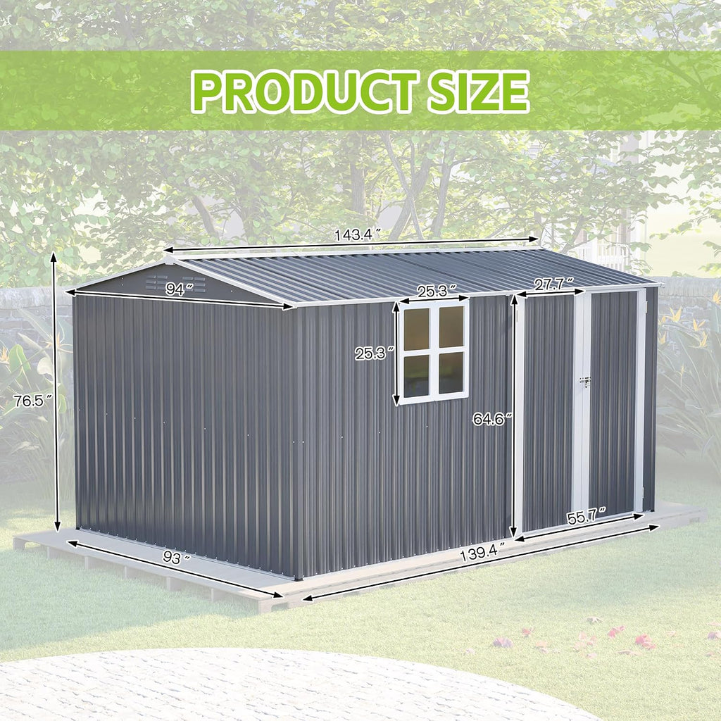 8x12 FT Outdoor Metal Storage Shed with Window & Floor Frame, Lockable Double Doors, Weatherproof Steel Tool Shed for Garden, Backyard, Lawn Equipment, and Patio Storage