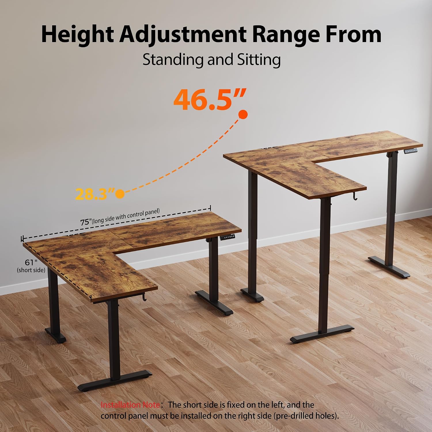 Agilestic L-Shaped Standing Desk Adjustable Height, Electric Corner Standing Desk, Sit Stand Up Desk, 75x61 inch Sit Stand Computer Table, Rustic Brown