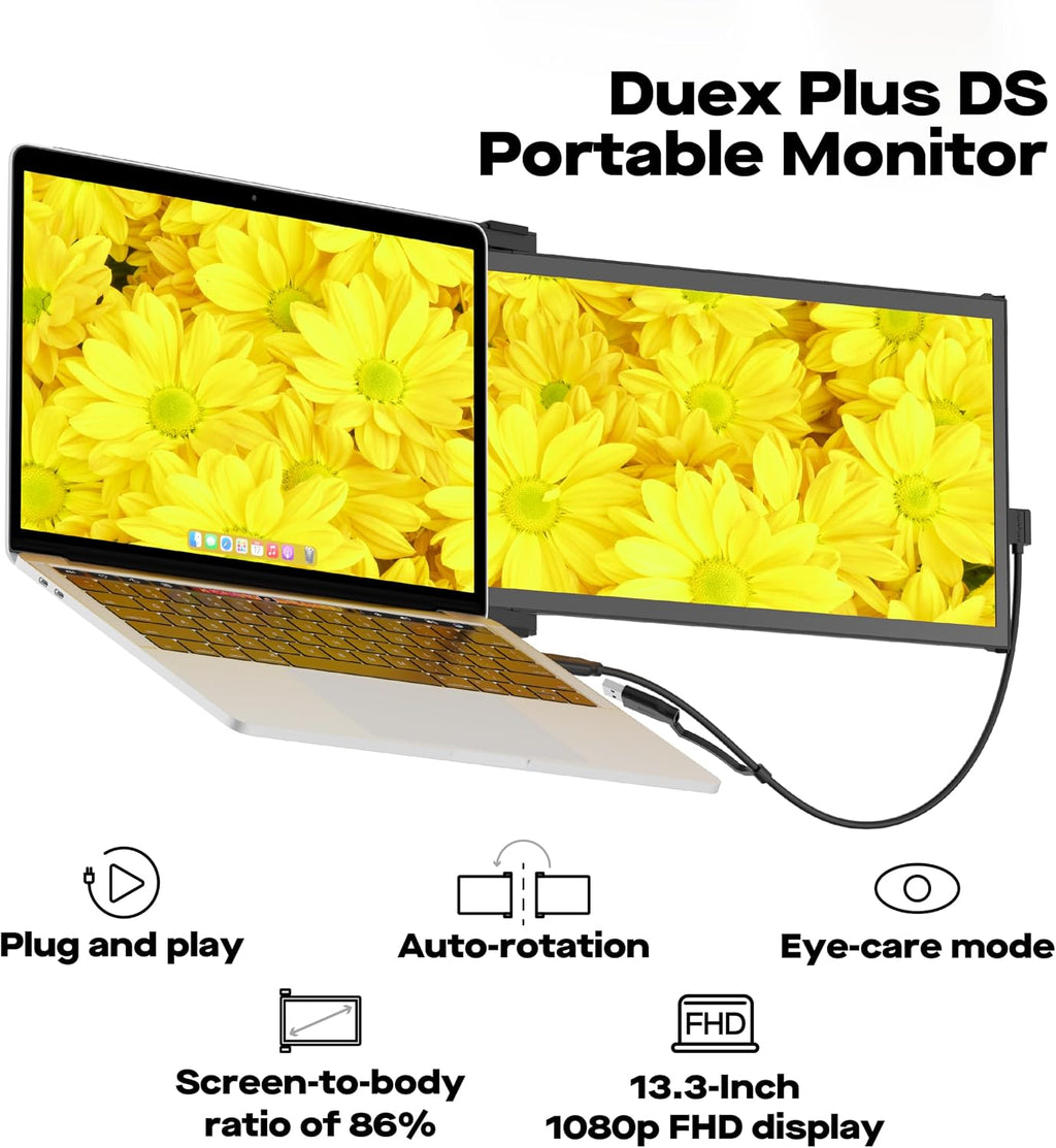 Duex Plus DS Portable Monitor - 2026 Mobile Pixels 13.3' FHD 1080P Laptop Monitor, USB Type-C/HDMI Plug and Play Laptop Monitor Extender for 13'-14.5' Laptops, Windows/macOS/Android/Switch Compatible