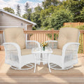 MEETWARM 3 Pieces Outdoor Wicker Swivel Rocker Patio Set, Rocking Chairs Rattan Patio Furniture Sets with Thickened Cushion and Glass-Top Coffee Table, Conversation Bistro Set, White Wicker/Beige