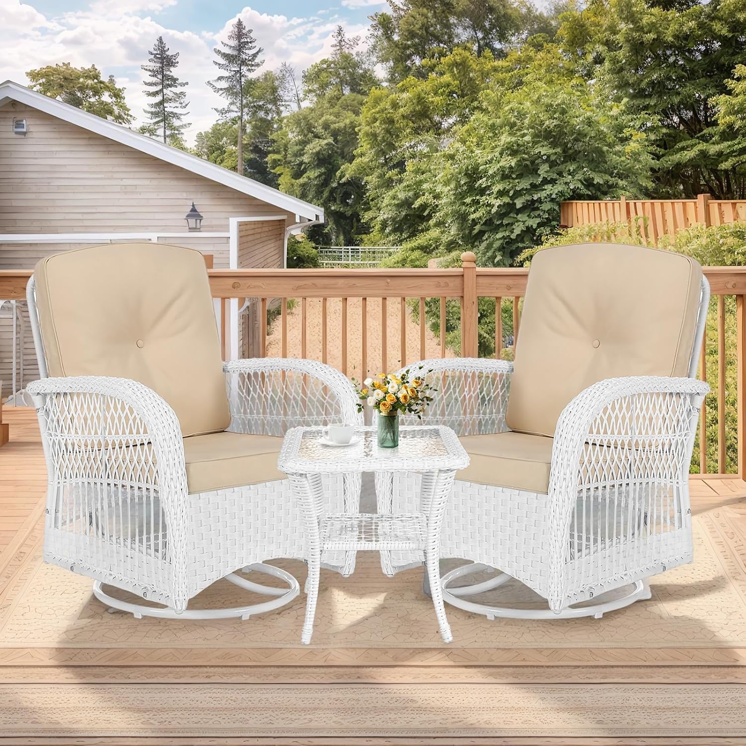 MEETWARM 3 Pieces Outdoor Wicker Swivel Rocker Patio Set, Rocking Chairs Rattan Patio Furniture Sets with Thickened Cushion and Glass-Top Coffee Table, Conversation Bistro Set, White Wicker/Beige