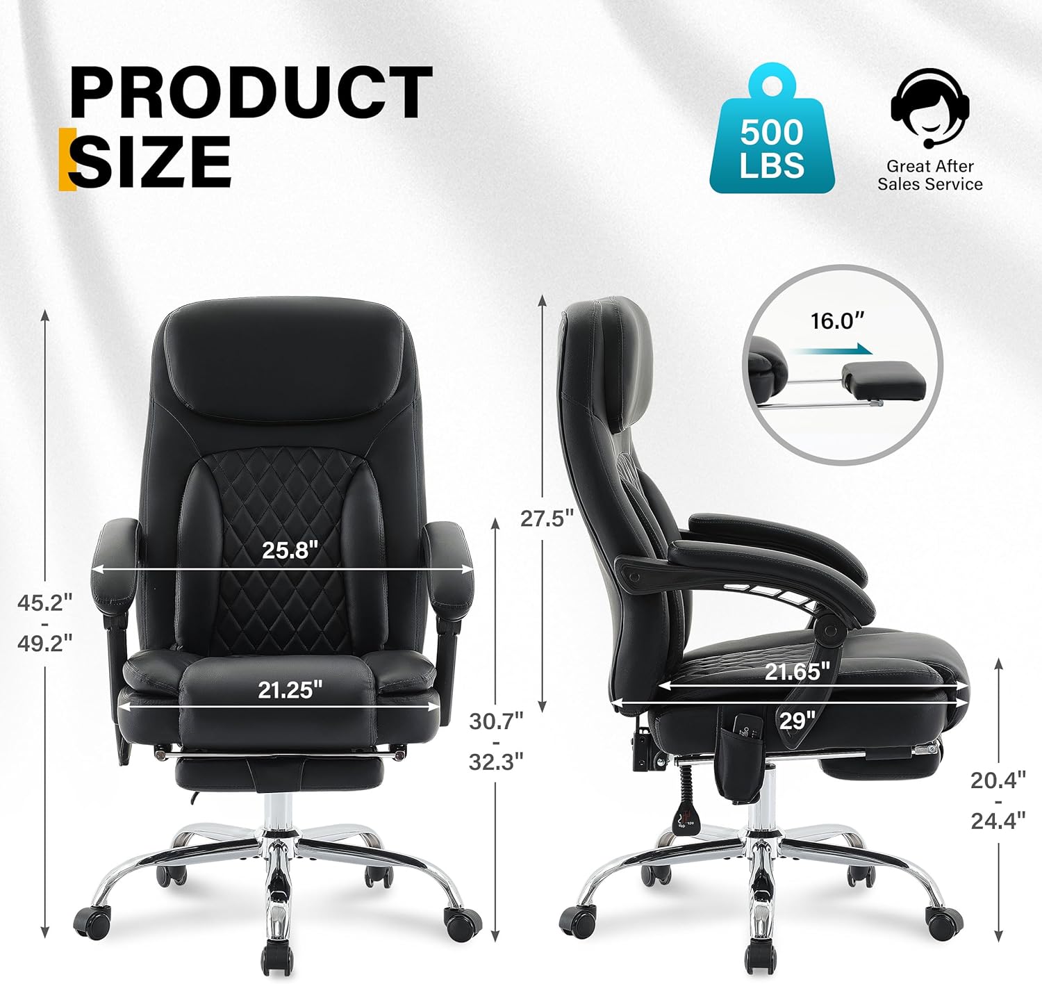 6-Point Massage Office Chair with Heated, Ergonomic Office Chair with Footrest & 45°Reclining High Back, Big and Tall Executive Office Chair 500LBS, Thick Cushion Desk Chair for Home Office, Black(PU)
