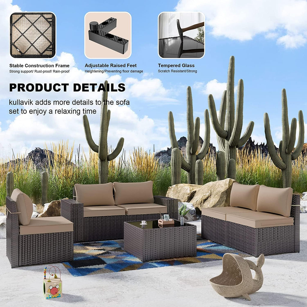 Kullavik Outdoor Patio Furniture Set,12 Pieces Sectional Rattan Sofa Set Brown PE Rattan Wicker Patio Conversation Set with 10 Seat Cushions and 2 Tempered Glass Coffee Table,Sand