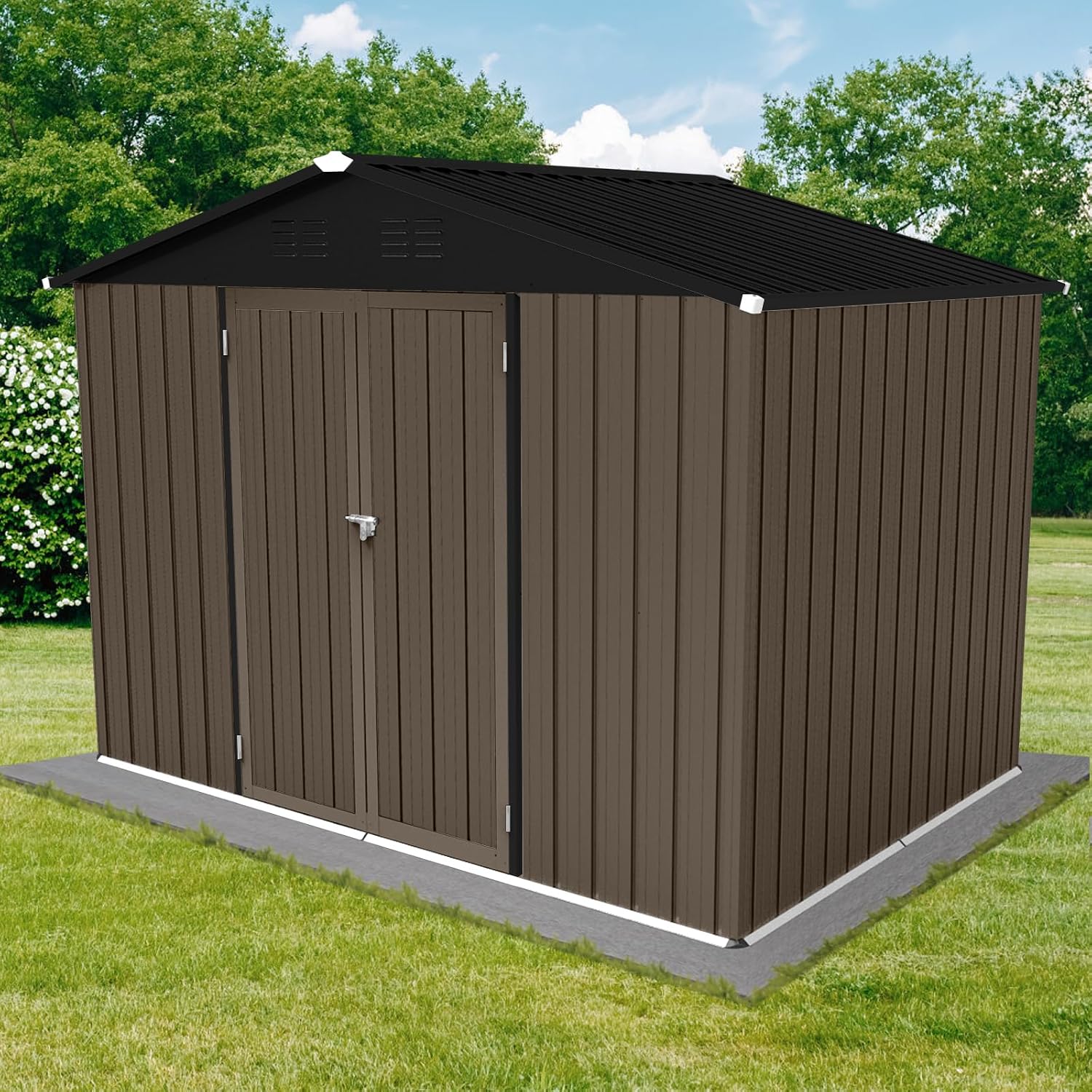 6x8 FT Outdoor Storage Shed,with Hinged Door and Padlock,Pitched Roof Metal Garden Tool Sheds,w/Punched Vents,for Storing Bicycles, Lawnmowers, Barbeques,Garden Tools,Brown + Black