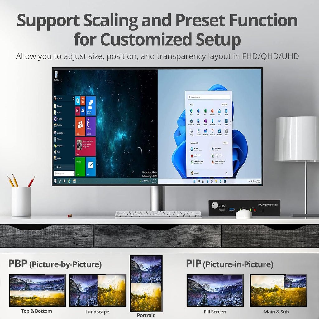 SIIG 2-Port 4K KVM Switch HDMI with Picture-by-Picture (PbP) Mouse Cursor Roaming and Picture-in-Picture (PiP) Image for 2 Computers, Support Windows and Linux, TAA Compliant (CE-KV0G11-S1)