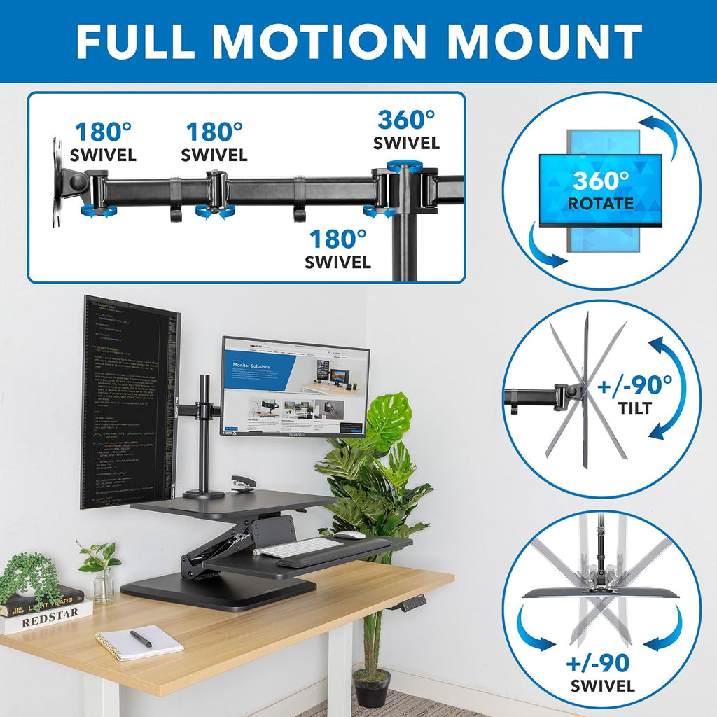 Mount-It! Standing Desk Converter, Stand Up Desk Riser with Dual Monitor Mount, Adjustable Workstation in Black, Top Platform 23' Wide, Keyboard Mouse Tray 27' Wide, Raises 5' to 17' Tall