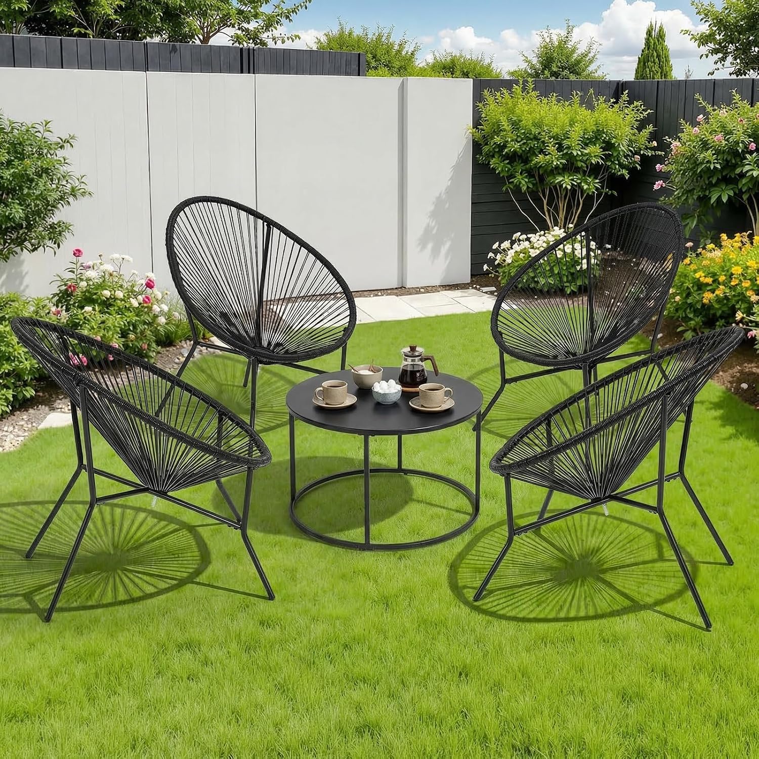 ONBRILL 4-Piece Outdoor Acapulco Chairs Set, Modern Patio Furniture Set, PE Pattan Bistro Set with Steel Frame for Balcony, Lawn, Porch and Garden, Black