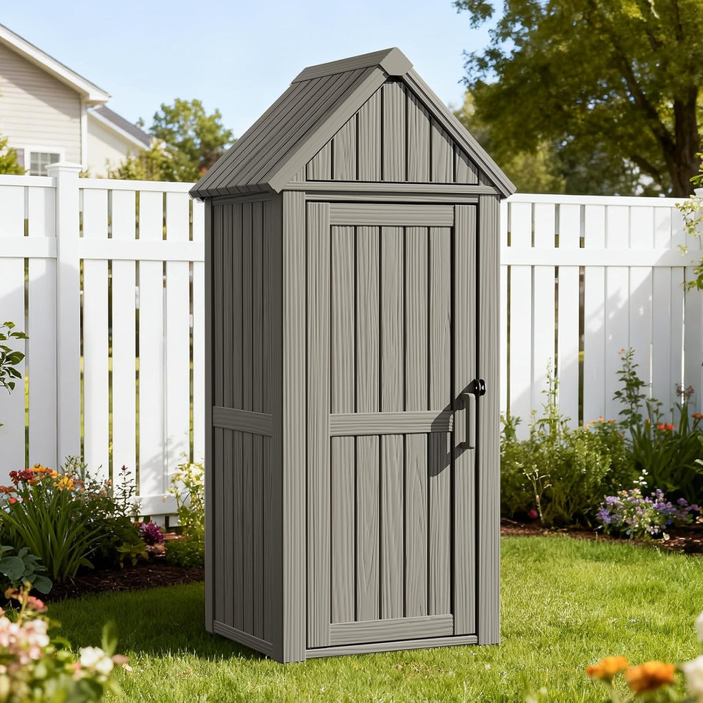 Outdoor Resin Storage Shed, Outdoor Storage Cabinet Waterproof with Hooks and Lock Ring, Multifunctional Storage Shed with Floor and Removable Shelves, All Weather Tool Shed for Patio, Lawn, Brown