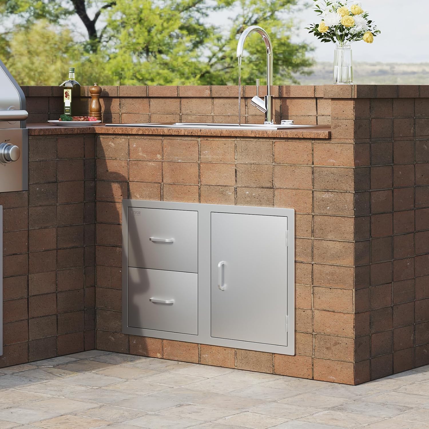 VEVOR Outdoor Kitchen Door Drawer Combo, 32.5'Wx21.7'Hx20.5'D, Access Door Double Drawers with Paper Towel Rack, BBQ Island Drawers with Stainless Steel Handles, 30.7'Wx20'Hx21'D Cutout Size