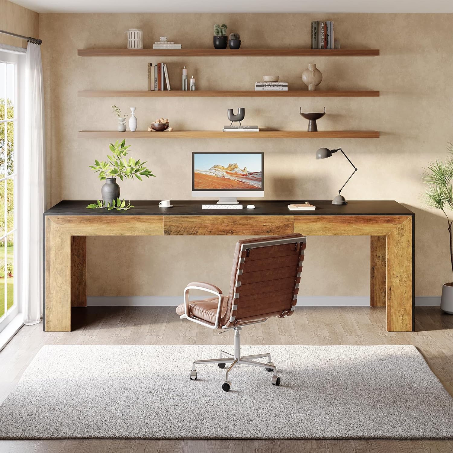 Tribesigns 78.7-Inch Long Computer Desk for 2 People, Farmhouse Executive Desk with Wooden Desktop and Legs, Large Workstations Writing Table Gaming Table for Home Office, Heavy Duty, Black + Brown