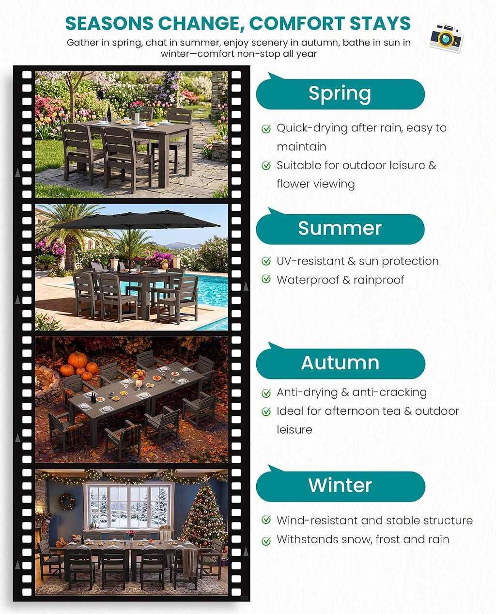 SERWALL Patio Dining Sets for 8, Outdoor Dining Sets for 8 Person with 2 Umbrella Hole Cut-Out Rectangular Tables and 8 Chairs, HDPE Dining Sets for Garden, Backyard, Poolside, Coffee