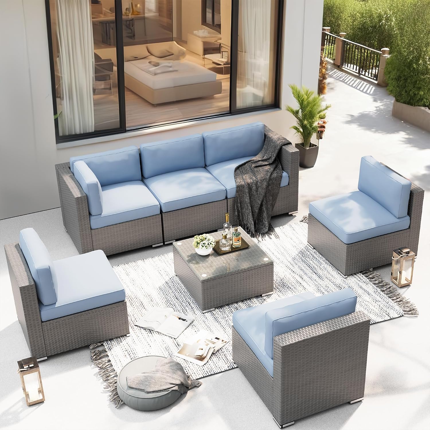 SUNCROWN Outdoor Patio Furniture Set 7 Piece Outdoor Sectional Sofa Grey Wicker Conversation Sofa Set with Coffee Table and Cushions (Light Blue)