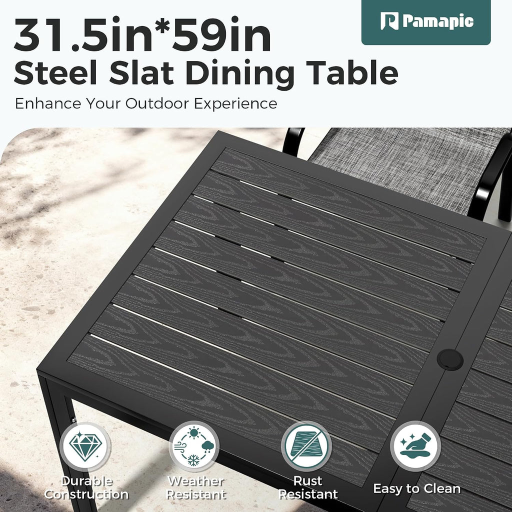 Pamapic Outdoor Dining Sets for 6, Rectangular Steel Slat Table with 6 Textilene Chairs, 7 Piece Patio Table and Chairs Set with Umbrella Hole for Patio, Garden, Backyard and Poolside (Grey)