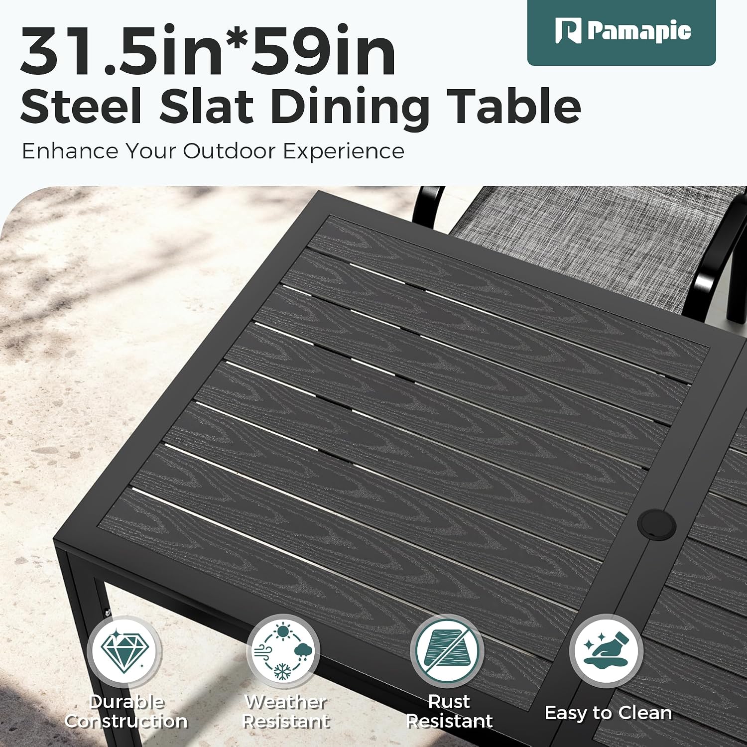 Pamapic Outdoor Dining Sets for 6, Rectangular Steel Slat Table with 6 Textilene Chairs, 7 Piece Patio Table and Chairs Set with Umbrella Hole for Patio, Garden, Backyard and Poolside (Grey)