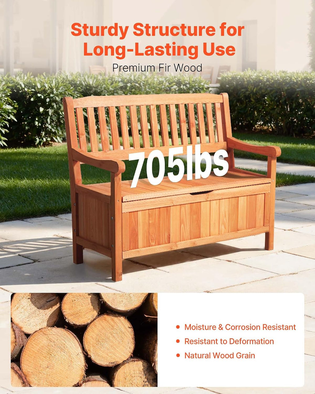 VEVOR Outdoor Storage Bench, 2-Person Wooden Storage Bench, 33 Gallons Deck Box with Side Handle, Supports up to 705 lbs, Outdoor Seating & Porch Decor, for Patio Garden Balcony Yard