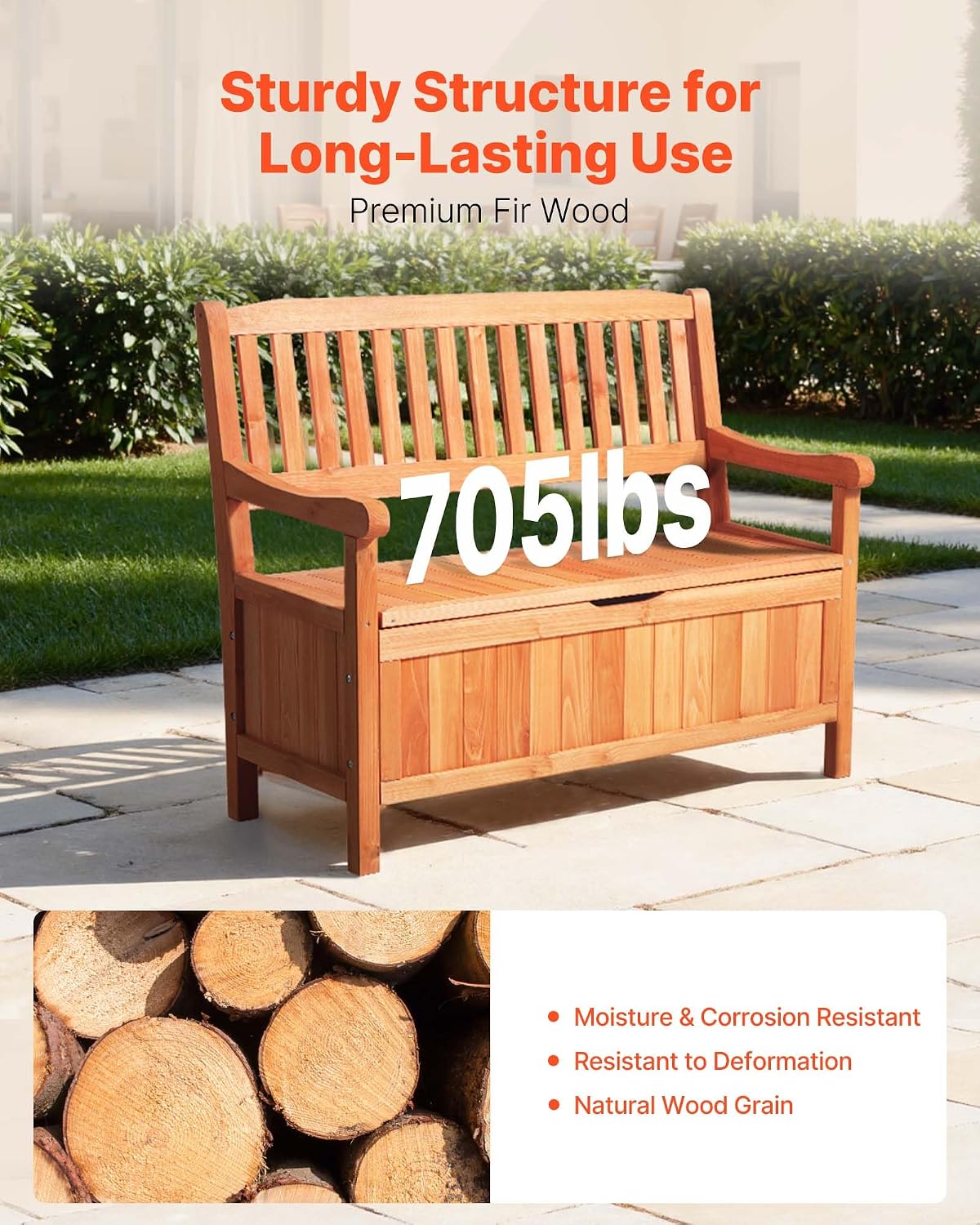 VEVOR Outdoor Storage Bench, 2-Person Wooden Storage Bench, 33 Gallons Deck Box with Side Handle, Supports up to 705 lbs, Outdoor Seating & Porch Decor, for Patio Garden Balcony Yard