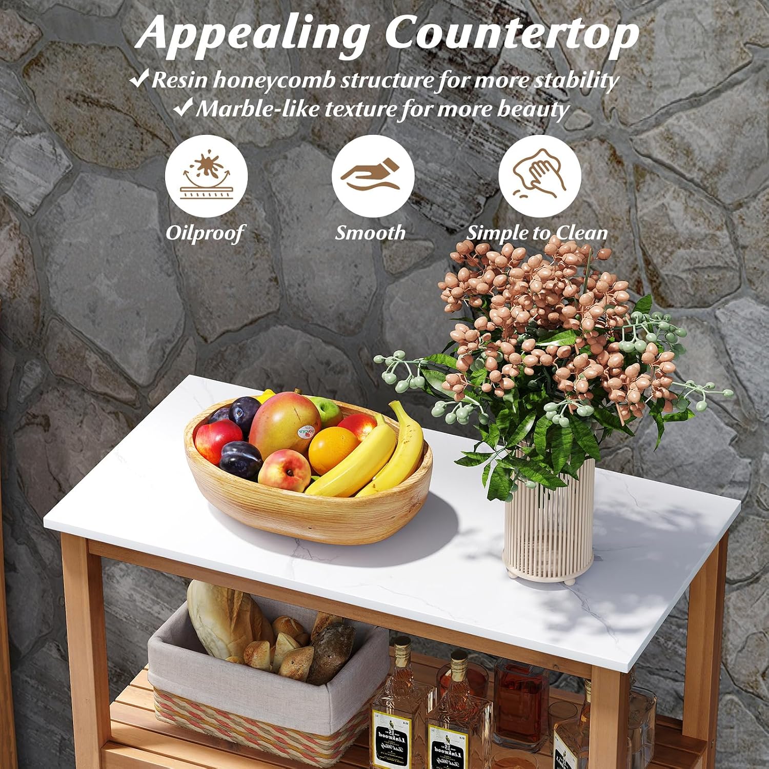 Goplus Patio Wood Storage Cabinet, Outdoor Acacia Wood Buffet Cabinet with Marble-Like Countertop, Open Shelf & 2 Doors, Sideboard Organizer for Outdoor Kitchen, Backyard, Garden