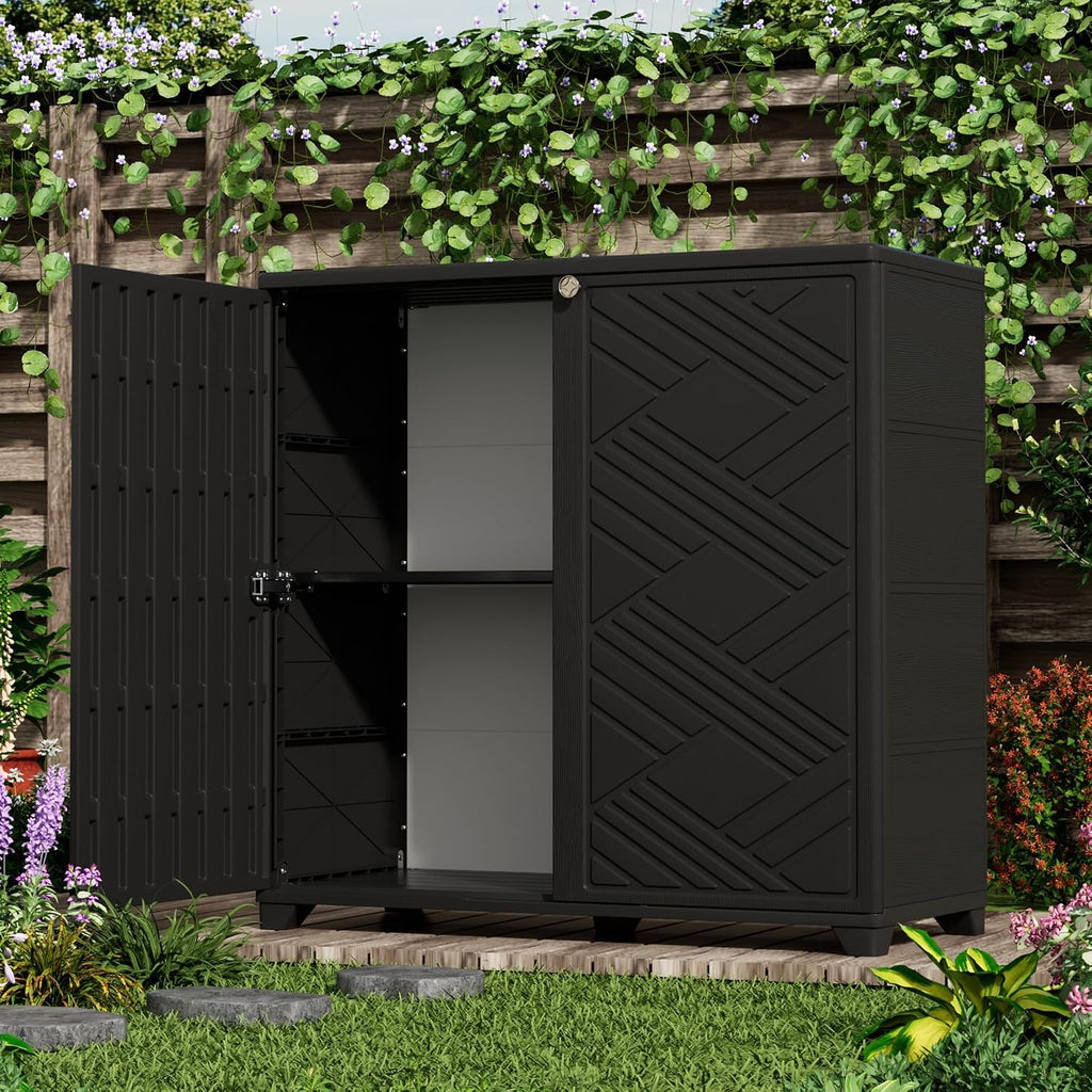ADDOK Indoor Outdoor Plastic Storage Cabinet 34'x15'x34' with 1 Shelf, Outdoor Storage Shed for Living Room, Hallway, Balcony, Garage, Garden,Black