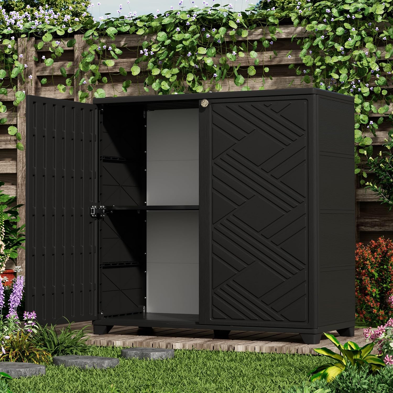 ADDOK Indoor Outdoor Plastic Storage Cabinet 34'x15'x34' with 1 Shelf, Outdoor Storage Shed for Living Room, Hallway, Balcony, Garage, Garden,Black