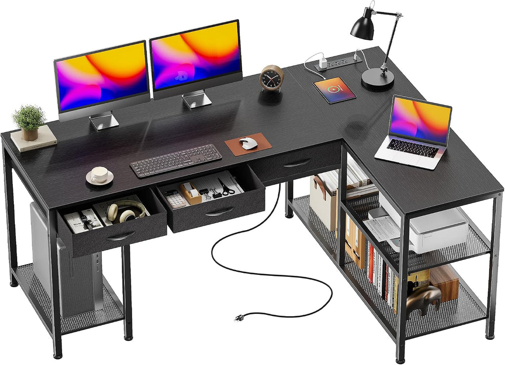 PRAISUN 55 Inch L Shaped Office Desk with Power Outlets and Type-C Port, Large Computer Gaming Desk with 3 Fabric Drawers, Mesh Shelves, Corner Study Work Writing Desk, Black
