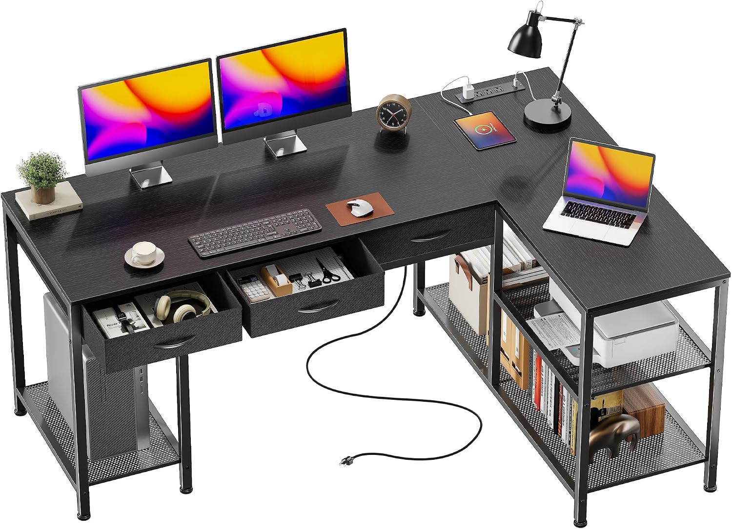 PRAISUN 55 Inch L Shaped Office Desk with Power Outlets and Type-C Port, Large Computer Gaming Desk with 3 Fabric Drawers, Mesh Shelves, Corner Study Work Writing Desk, Black