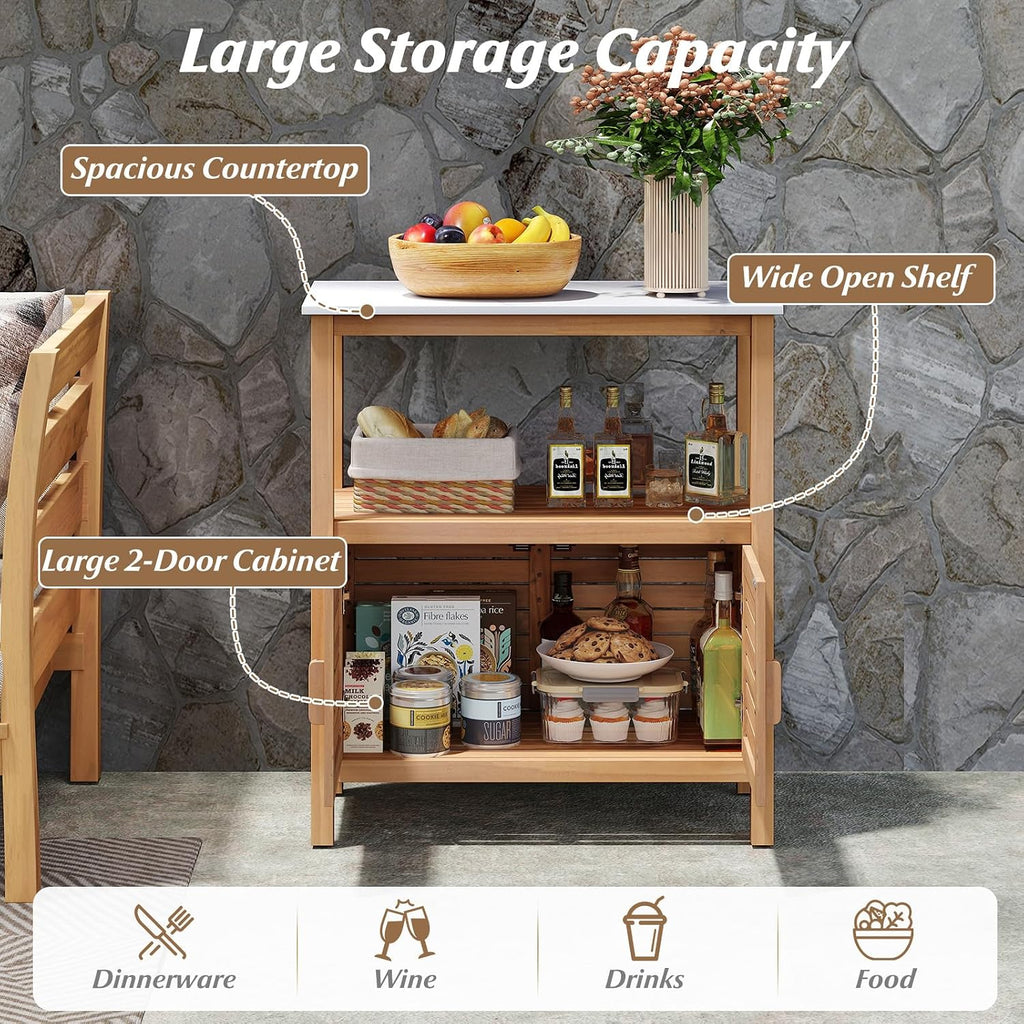 Goplus Patio Wood Storage Cabinet, Outdoor Acacia Wood Buffet Cabinet with Marble-Like Countertop, Open Shelf & 2 Doors, Sideboard Organizer for Outdoor Kitchen, Backyard, Garden