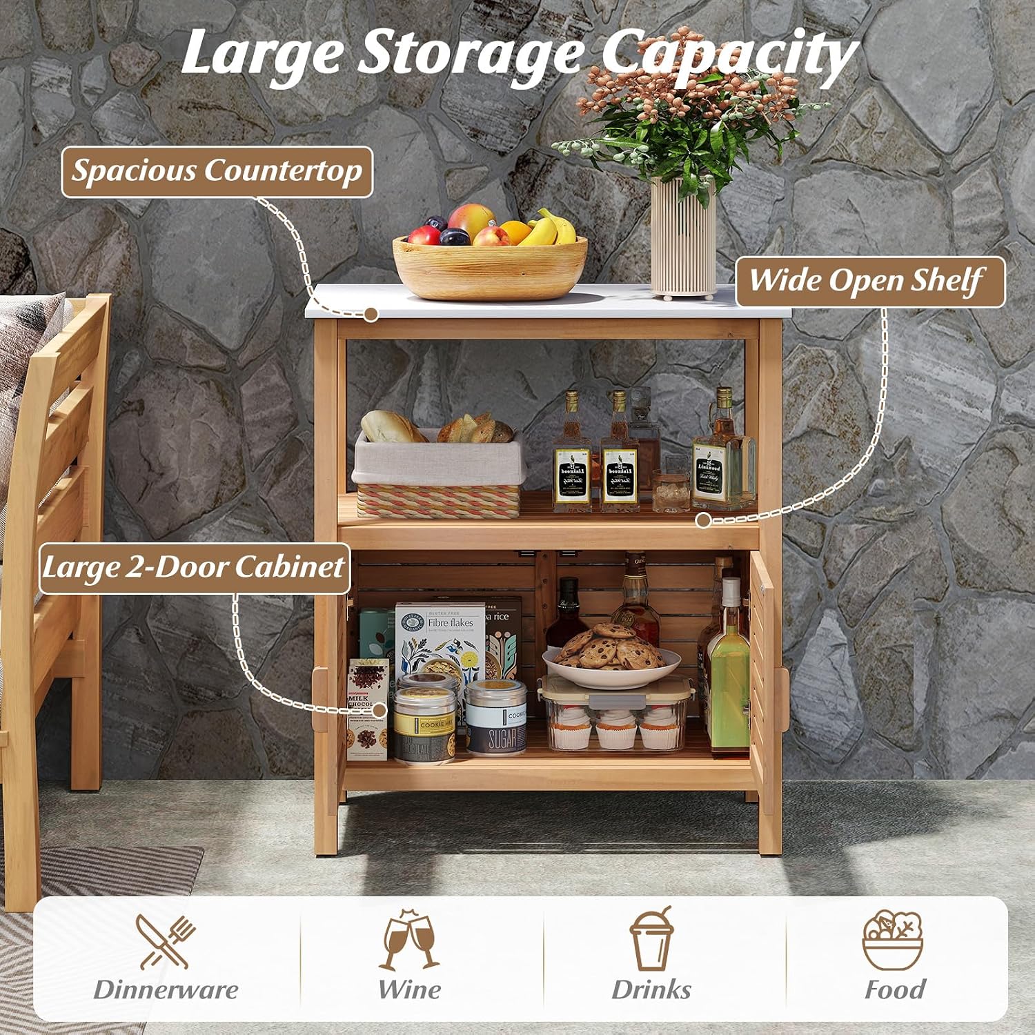 Goplus Patio Wood Storage Cabinet, Outdoor Acacia Wood Buffet Cabinet with Marble-Like Countertop, Open Shelf & 2 Doors, Sideboard Organizer for Outdoor Kitchen, Backyard, Garden