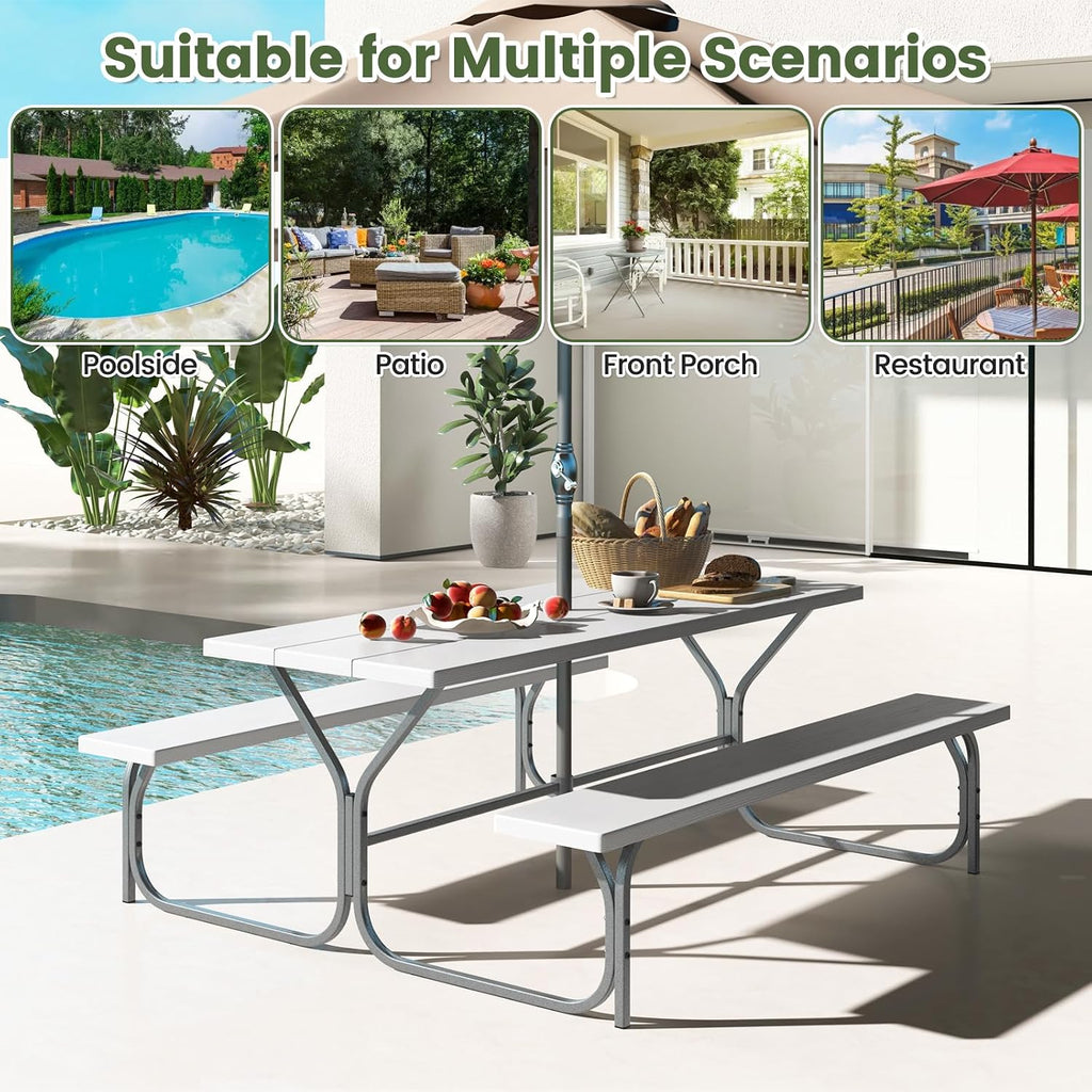 Giantex Picnic Table 6FT for 8 Person, Outdoor Table Set w/ 2 Benches, All-Weather HDPE Rectangular Tabletop, Heavy Duty Metal Legs, Umbrella Hole, for Patio Yard Lawn Party (White)