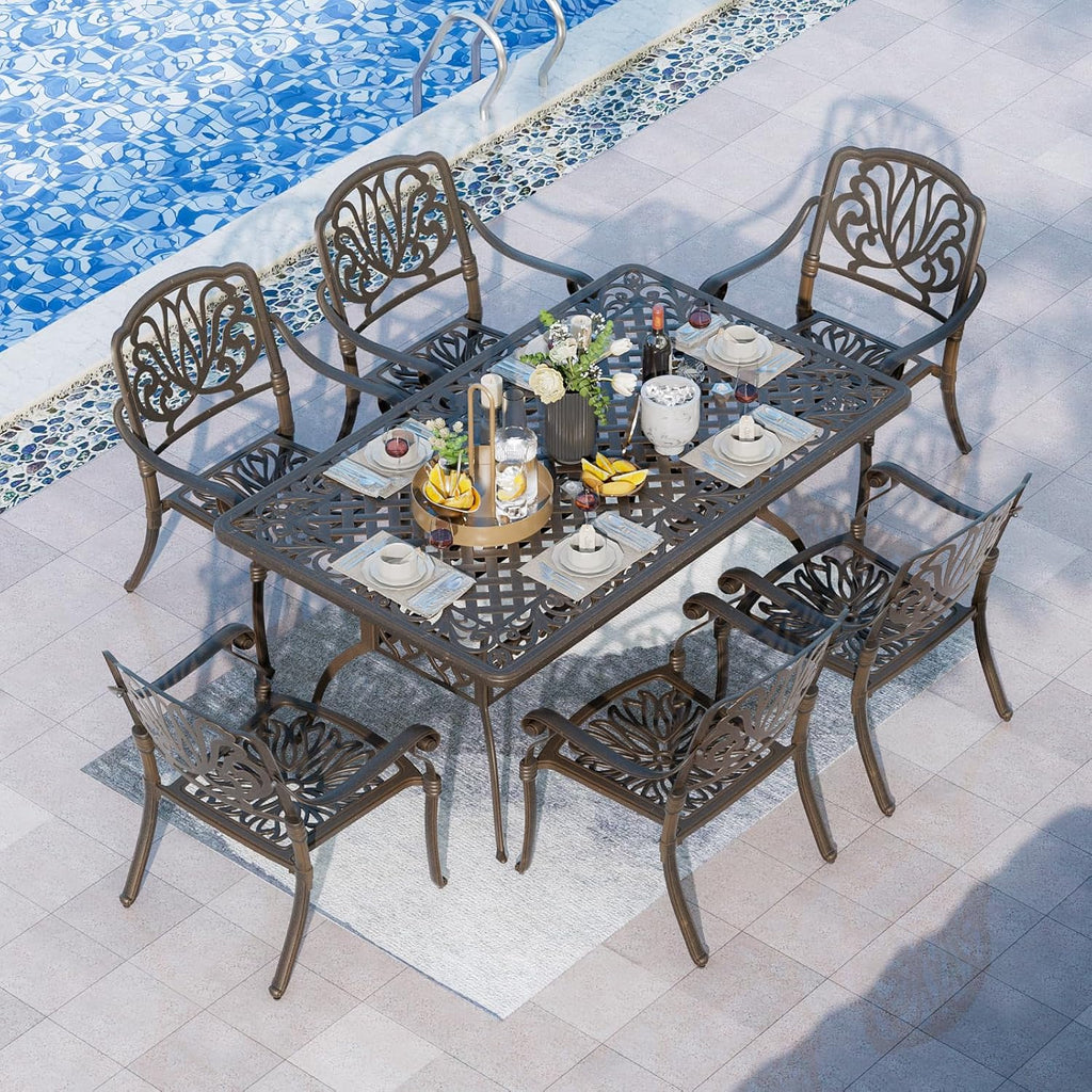 Grepatio 7 Piece Patio Dining Set Outdoor Dining Set Cast Aluminum Furniture Set with 6 Dining Chairs and Dining Table for Backyard Garden Deck Poolside (6 Flower Chairs Without Cushion)
