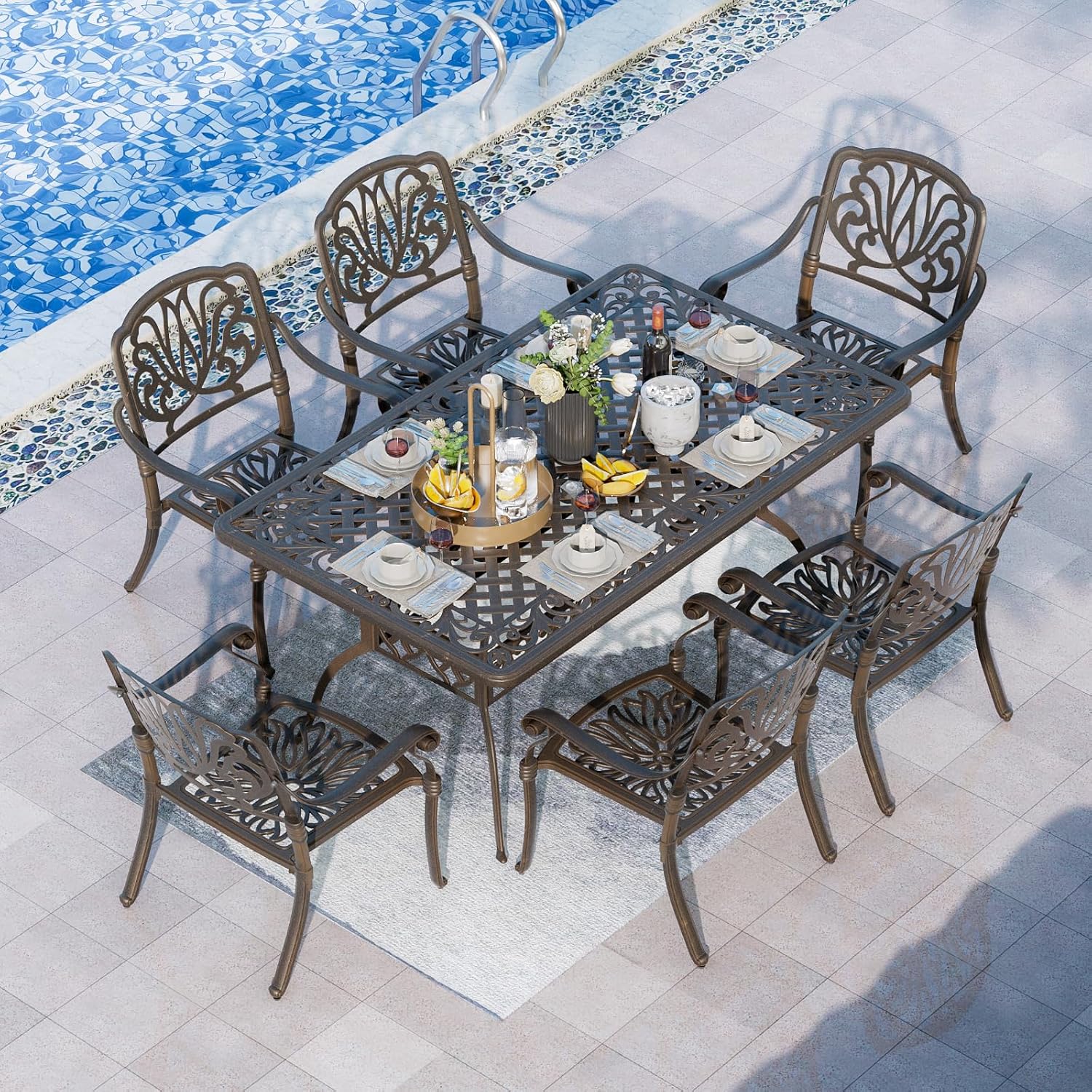 Grepatio 7 Piece Patio Dining Set Outdoor Dining Set Cast Aluminum Furniture Set with 6 Dining Chairs and Dining Table for Backyard Garden Deck Poolside (6 Flower Chairs Without Cushion)