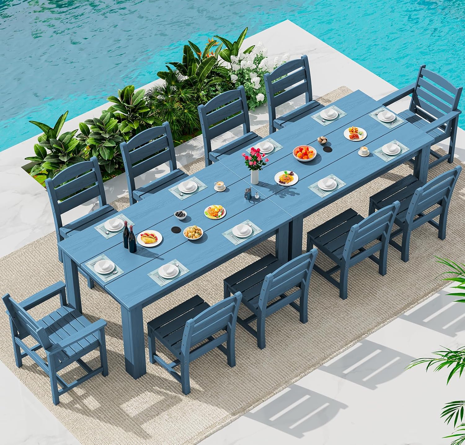 SERWALL Outdoor Dining Sets for 10, HDPE Dining Sets for 10 Person with 2 Rectangular Tables and 8 Armless Chairs and 2 Armchairs, Patio Dining Sets for Garden, Backyard, Poolside, Blue