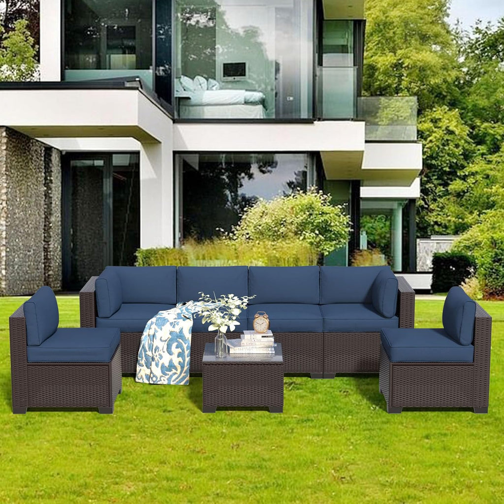 7 Piece Patio Furniture Set, Wicker Patio Conversation Sets, Outdoor Sectional Furniture with Tempered Glass Table, for Backyard, Deck, Garden, Dark Brown Rattan & Navy Blue Cushions