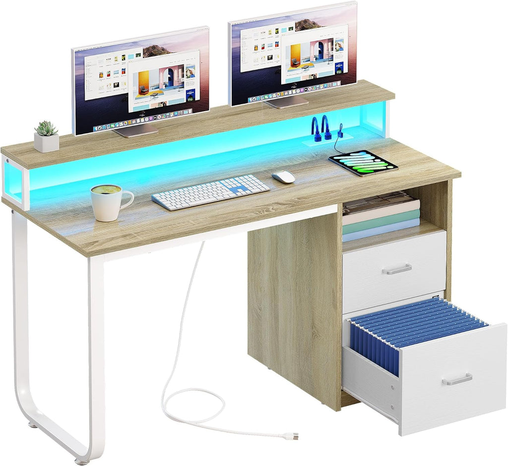 DWVO Computer Desk with Drawers, 55' Office Desk with Power Outlets & LED Light, Home Office Desk with Storage Shelves, White & Oak