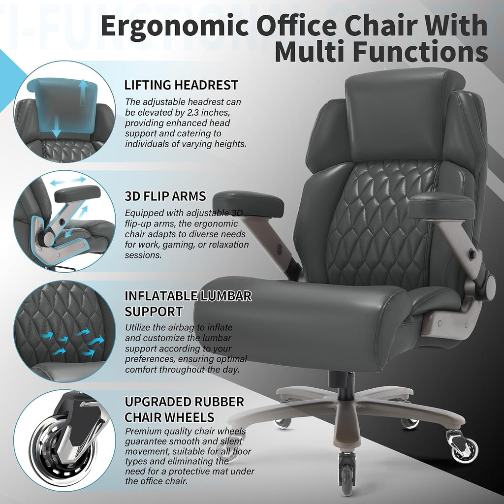 Big and Tall Office Chair 700lbs - Adjustable Headrest&Lumbar Support, 3D Flip Arms, Large Wheels &Heavy Duty Metal Base, Ergonomic High Back Computer Chair Desk Chair, Thick Padded Extra Wide Seat